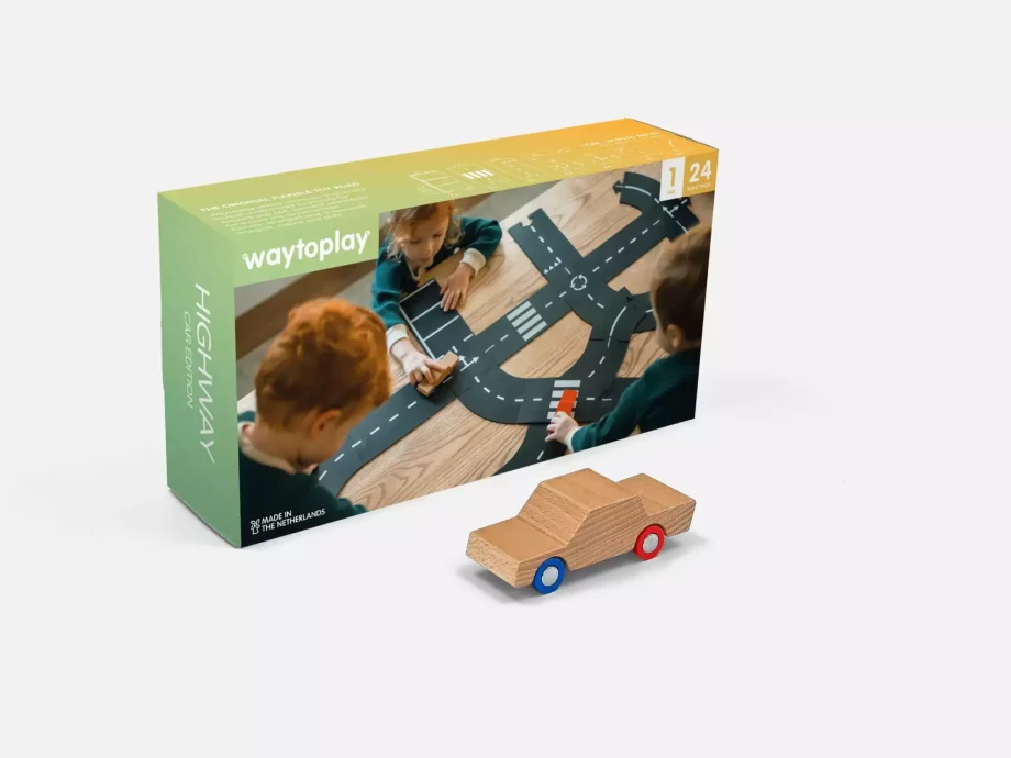 WAYTOPLAY | HIGHWAY | LARGE FLEXIBLE TOY ROAD (24 PC / 376cm) - Car Edition (1 voiture 4 roues colorées incluse)