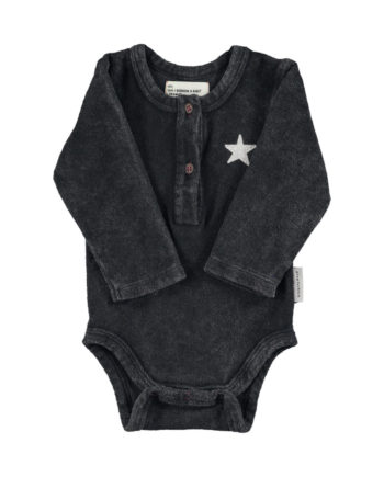 PIUPIUCHICK BABY | Baby long sleeve body | Faded black w/ "rock & roll" print