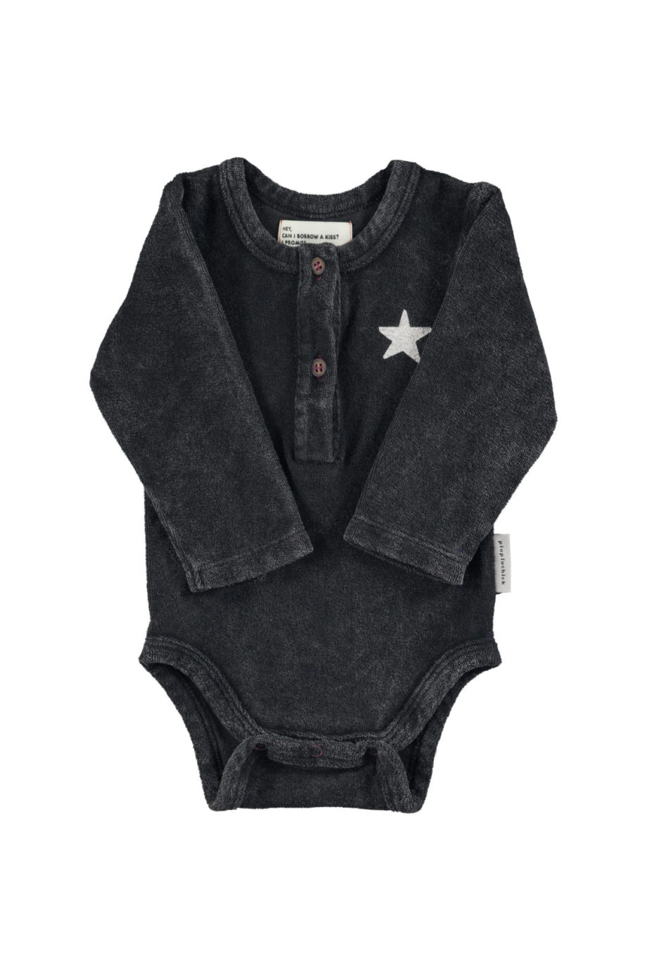 PIUPIUCHICK BABY | Baby long sleeve body | Faded black w/ "rock & roll" print