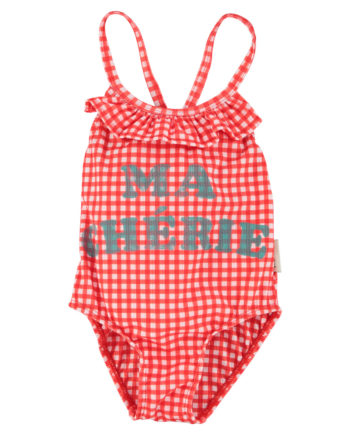 PIUPIUCHICK | swimsuit w/ ruffles | red checkered w/ "ma chérie" print