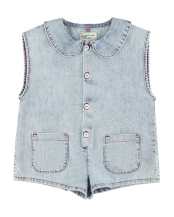 PIUPIUCHICK | short sleeveless jumpsuit | blue light denim w/ apple print