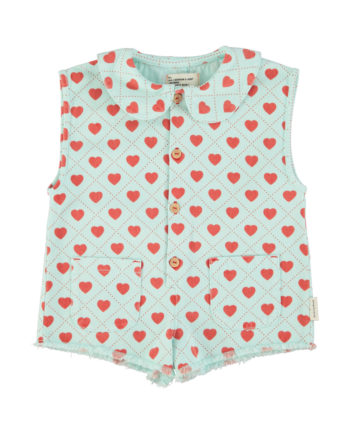 PIUPIUCHICK | short sleeveless jumpsuit | light blue w/ red hearts allover