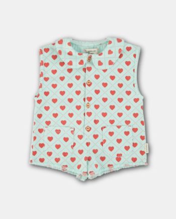 PIUPIUCHICK | Short Sleeveless Jumpsuit | Light Blue w/ red hearts Allover