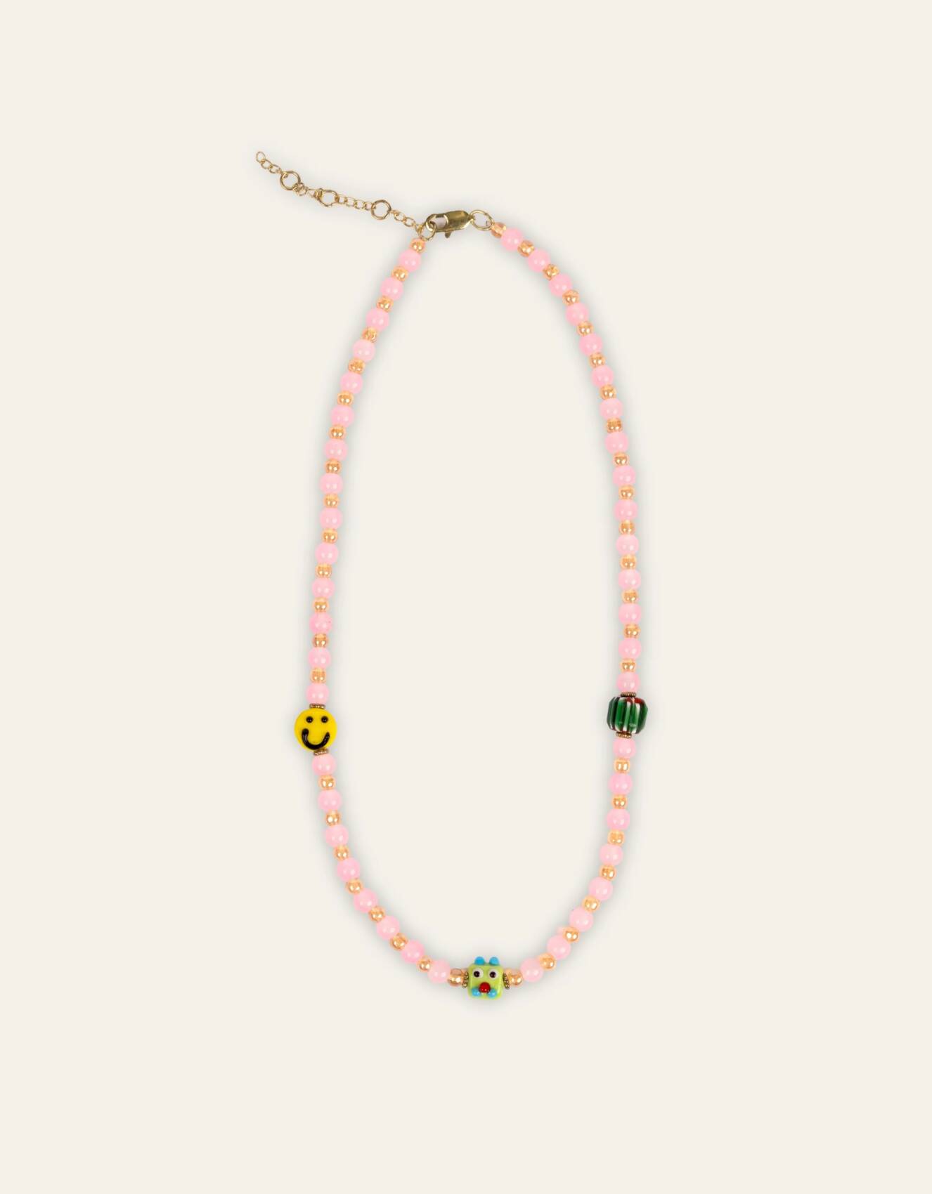 OILILY | Glass Beaded Charm Necklace - Pink - Smiley